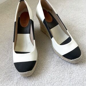 J. Crew navy/white striped canvas espadrille wedges. Size 7 1/2 medium.